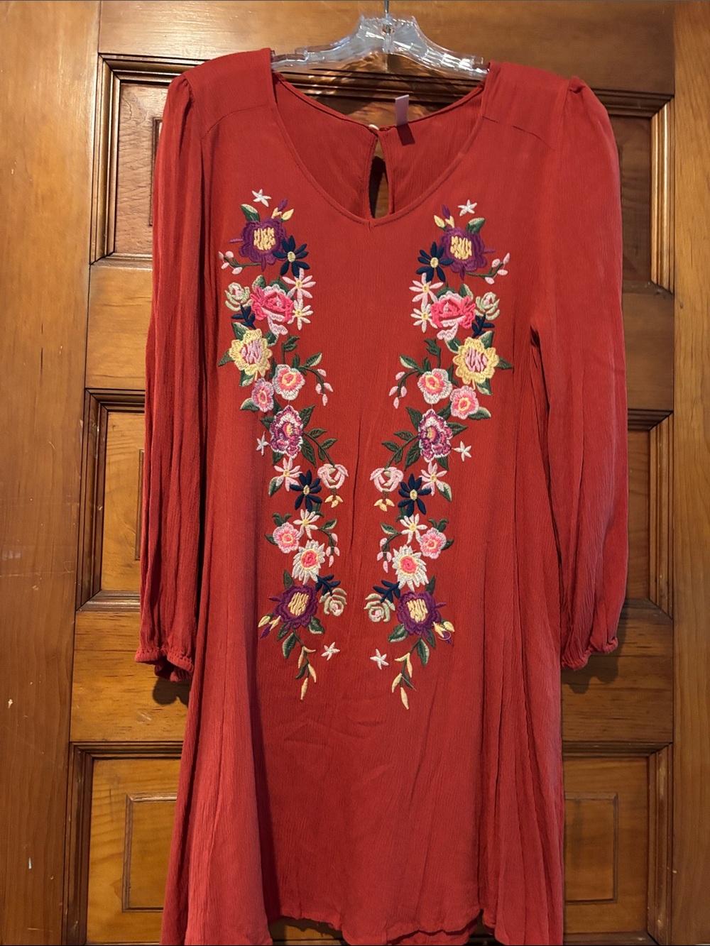 Y2K Festival Rust Red Embroidered Floral V-Neck Dress